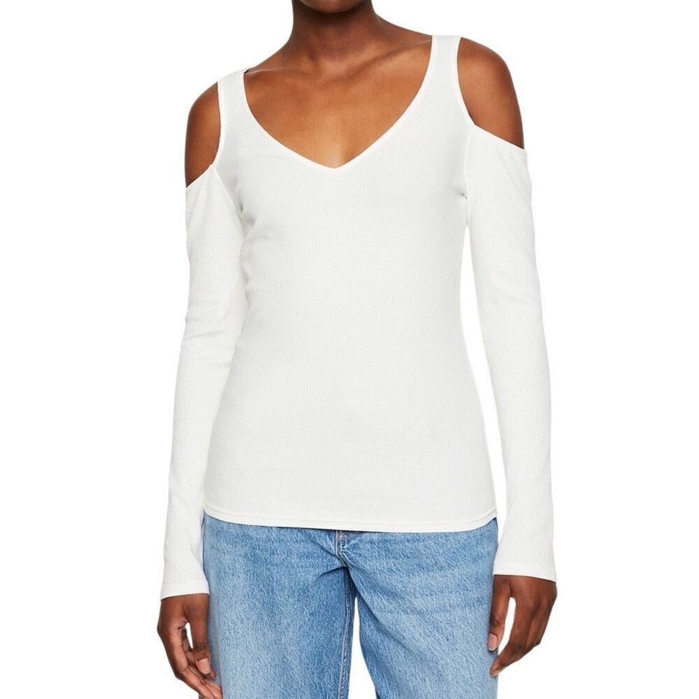 Gap XL Off White Long Sleeve Rib Knit Tee Cold Shoulder NWT Basic Layering